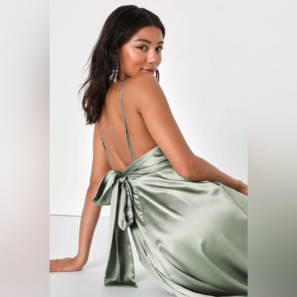 Always Audacious Sage Green Satin Tie-Back Midi Dress - Picture 4 of 4